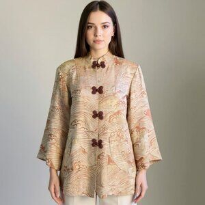 Vintage Asian Women's Gold Metallic Kimono Embroidered Birds Brocade Jacket
